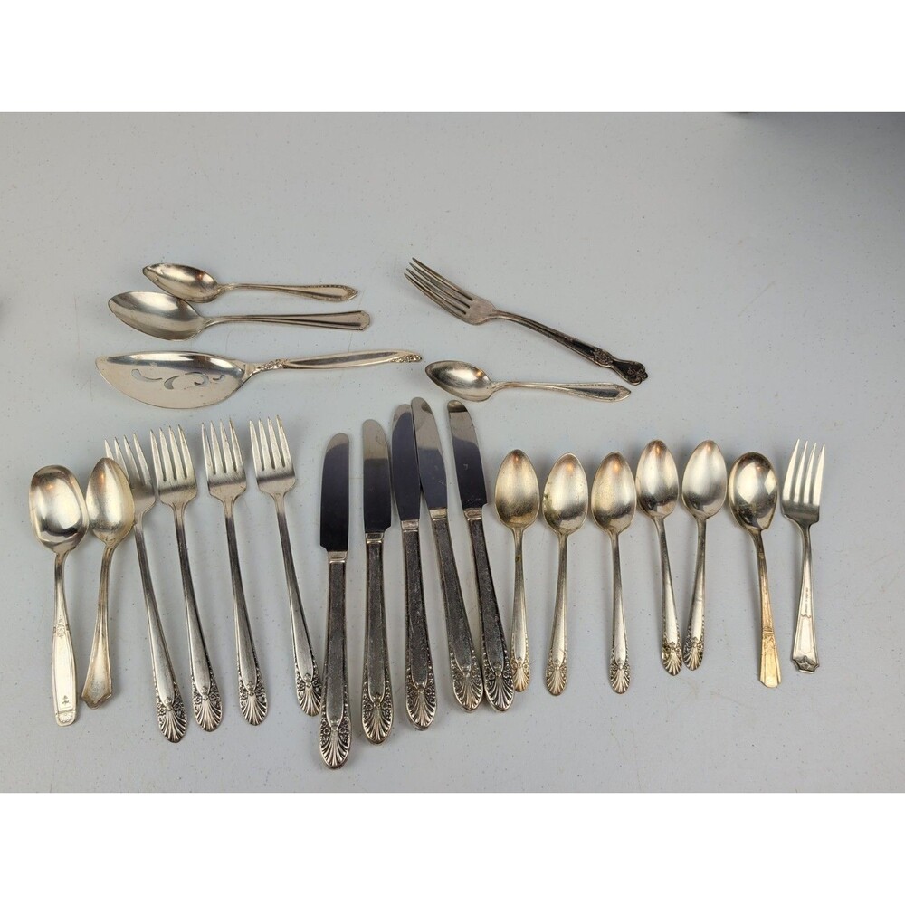 Silver Plate Silverware  Lot Vintage Mixed Spoons Forks Knives Serving Lot Of 23